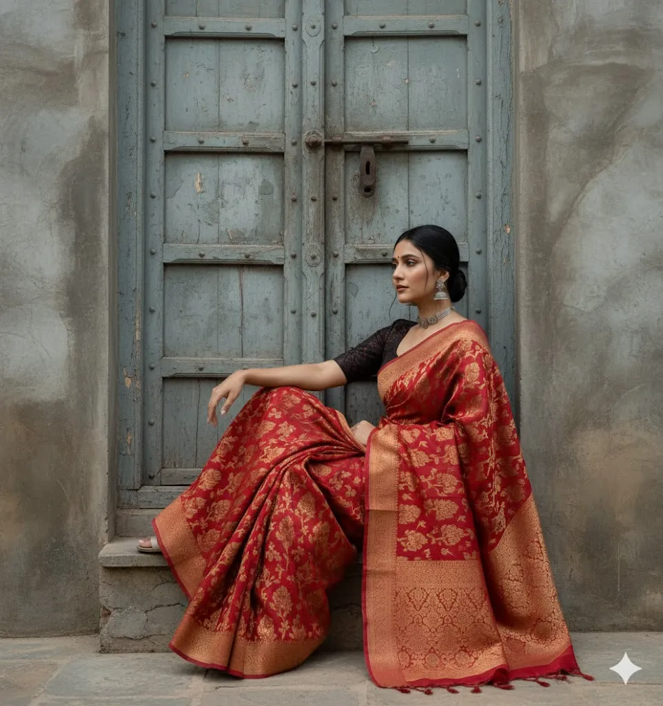 red wine banarasi saree