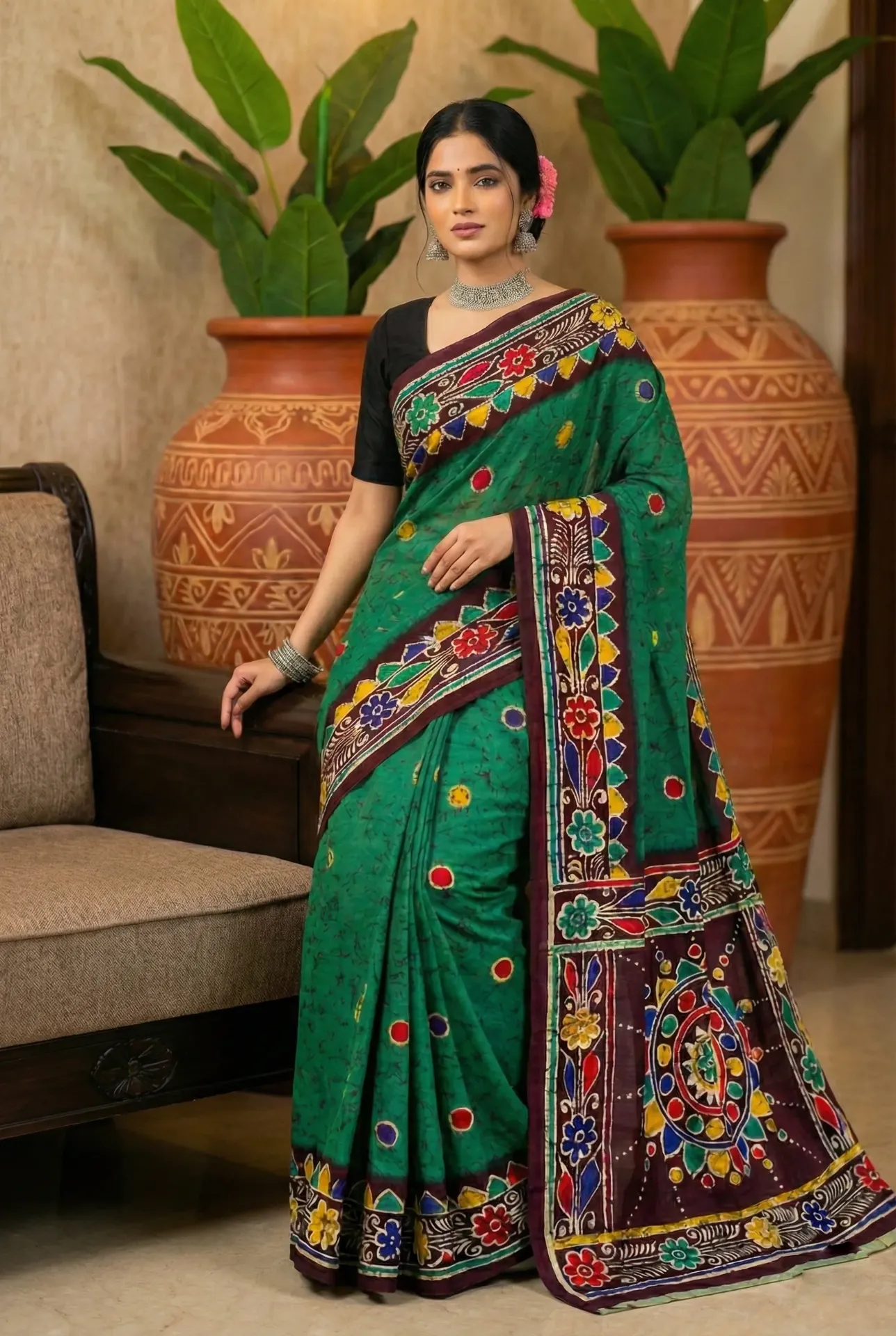 Bengal Batik Forest Green Saree