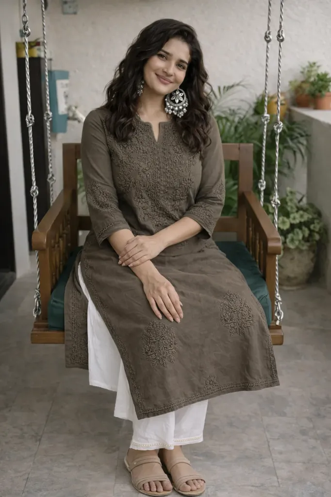 [CK-BRN-095] Cocoa Bloom Lucknowi Kurta